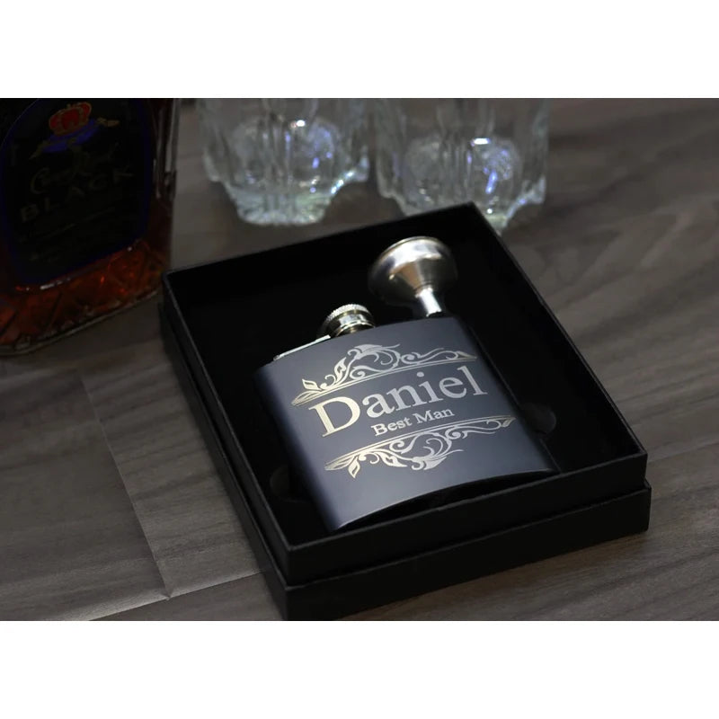 Personalized Engraved Black Flask | Groomsman Wedding Gift Engraved Flask Gift Peaceful Pleasures Health and Wellness