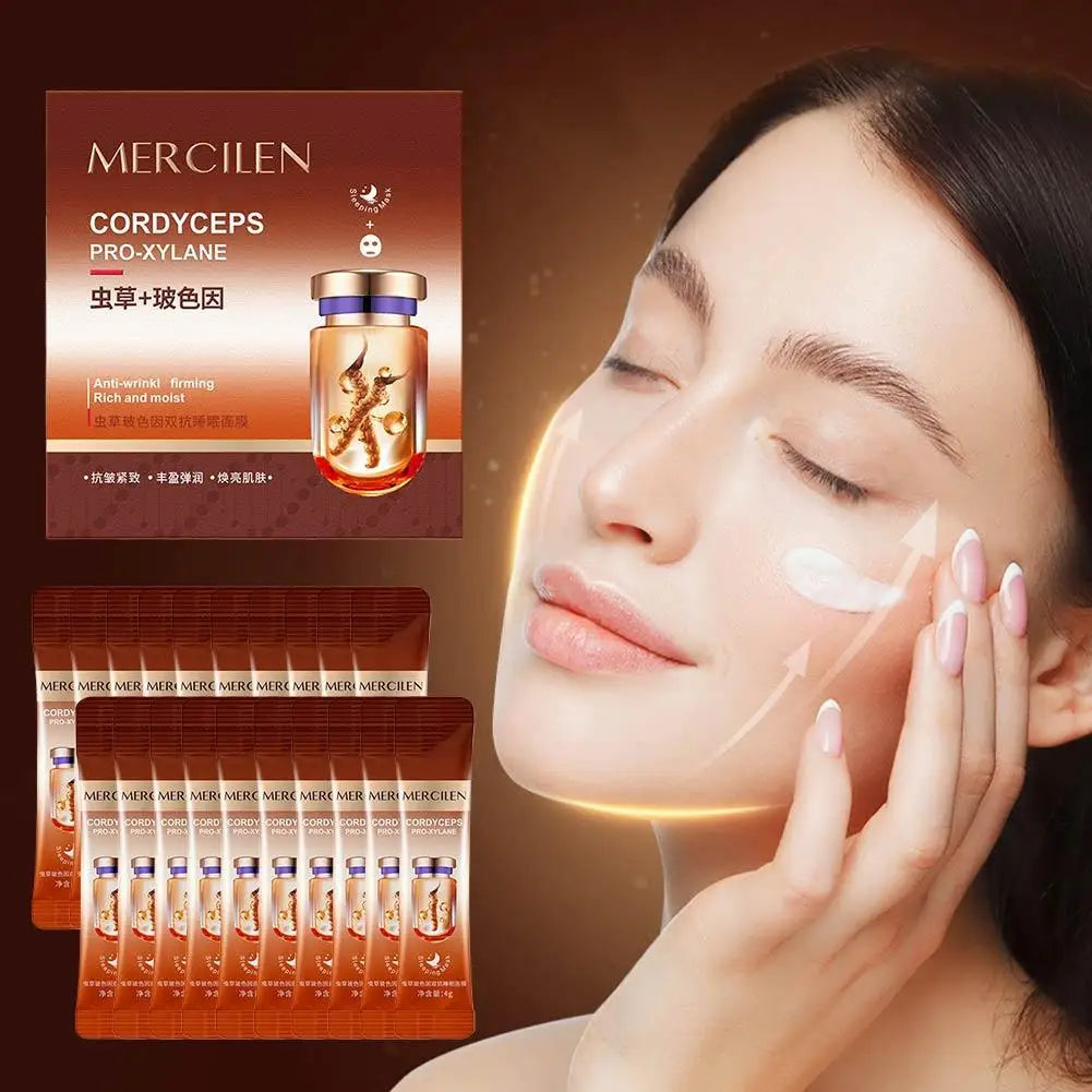 20pcs Mercilen Cordyceps Pro-Xylane Sleeping Facial Masks Anti Wrinkle Moisturizing Whitening Anti-Aging Face Mask Skin Care Peaceful Pleasures Health and Wellness