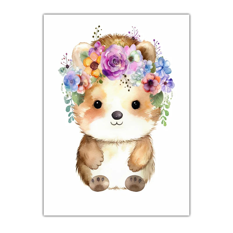 Nursery Animal Canvas Art – Lion Bear Fox Floral Crown Kids Decor Nursery Canvas Print Peaceful Pleasures Health and Wellness 04 50x70cm NoFrame China Mainland