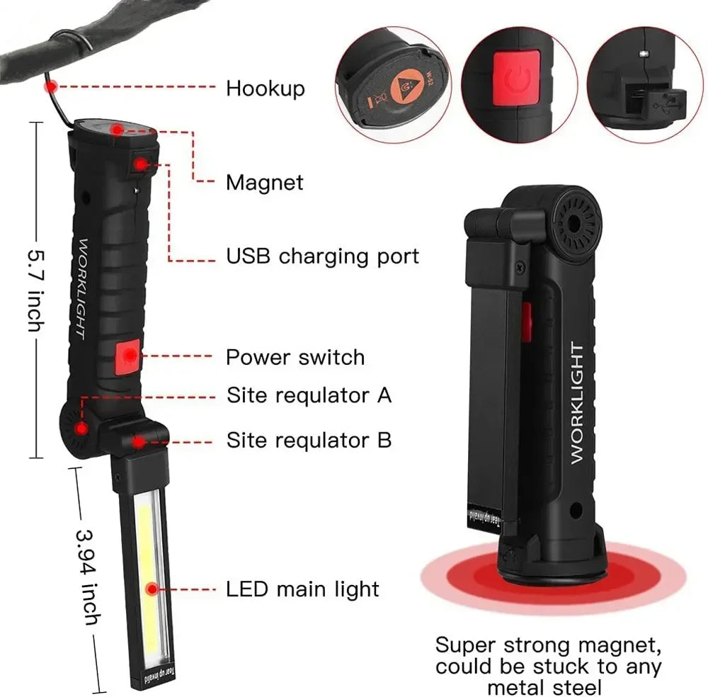 USB Rechargeable COB LED Work Light – Magnetic Foldable Torch