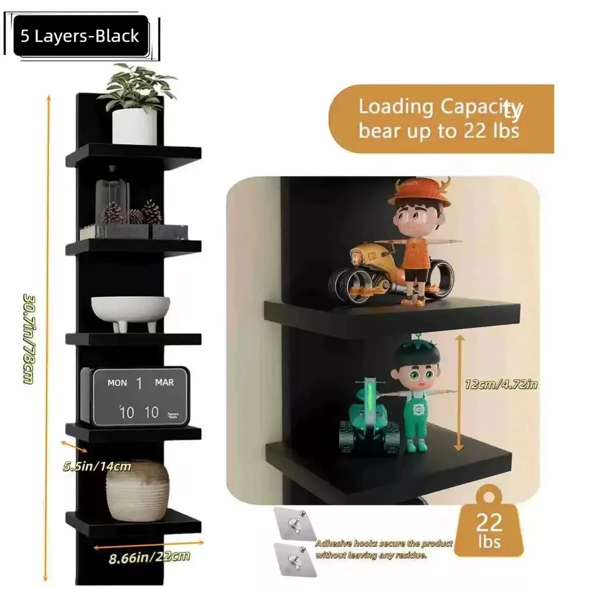 5 Layer Wall Shelf, Vertical Column Storage, Floating Decorative Rack, High Tower Design, Bedroom Living Room Practical Holder Peaceful Pleasures Health and Wellness black