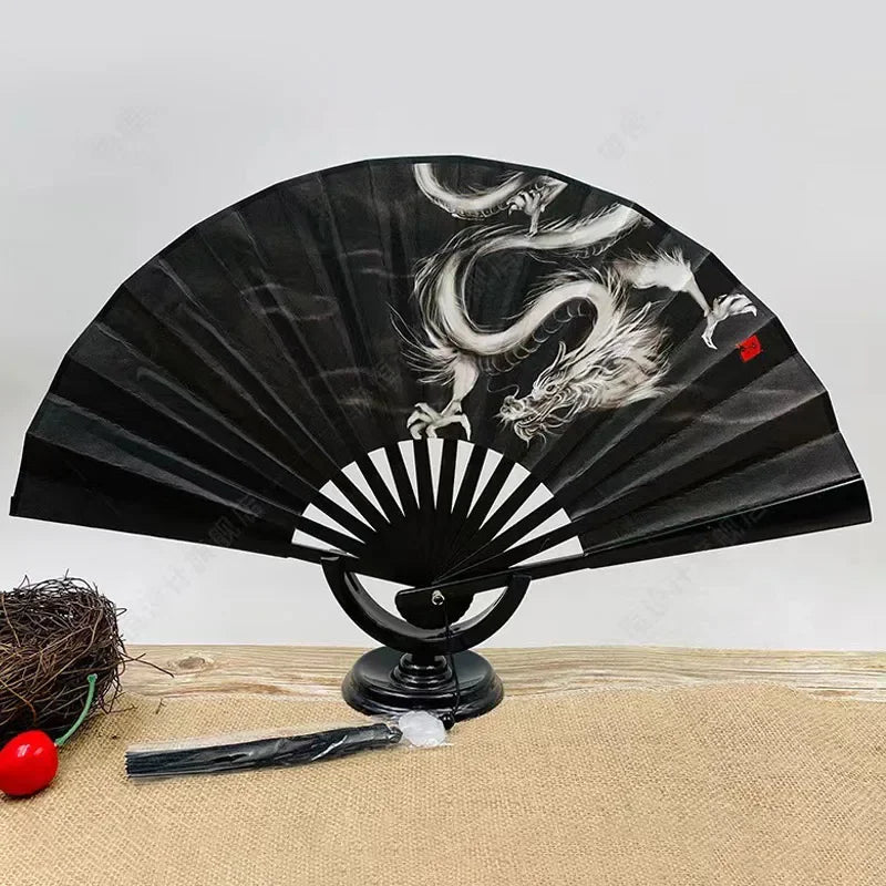 8 Inch China-Chic Fan Guofeng Folding Fan Double Sided Silk Ink Painting Chinese Fan With Tassel Antique Male Folding Fan Peaceful Pleasures Health and Wellness