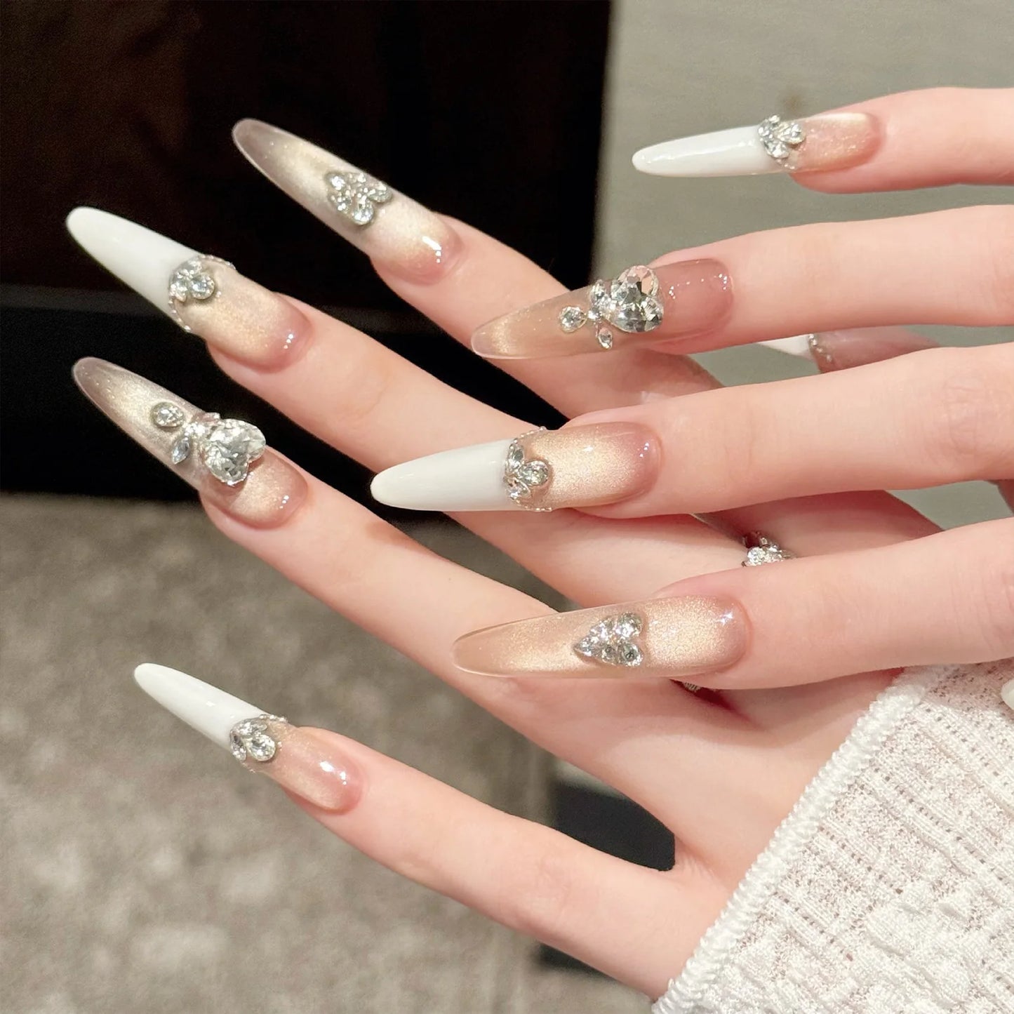 10pcs Handmade Light Luxury Press on Nails French Golden Cat's Eye False Nails Wearable Charming Love Diamond Decor Fake Nails Peaceful Pleasures Health and Wellness
