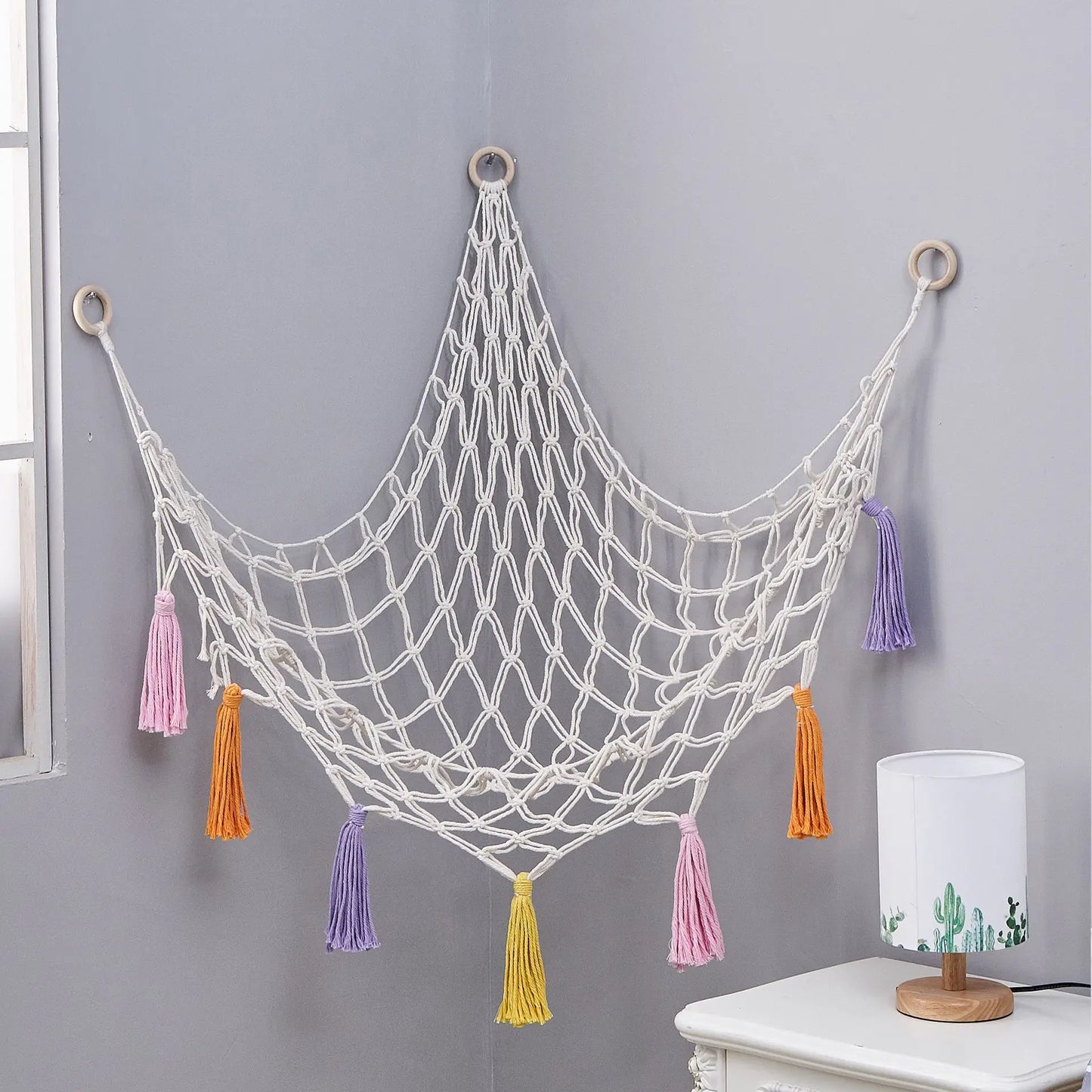 Triangle Wall Hanging Toy Net Pouch Children Room Storage Organizer Knitted Plush Toy Hammock Net Peaceful Pleasures Health and Wellness Colorful 106x106x132