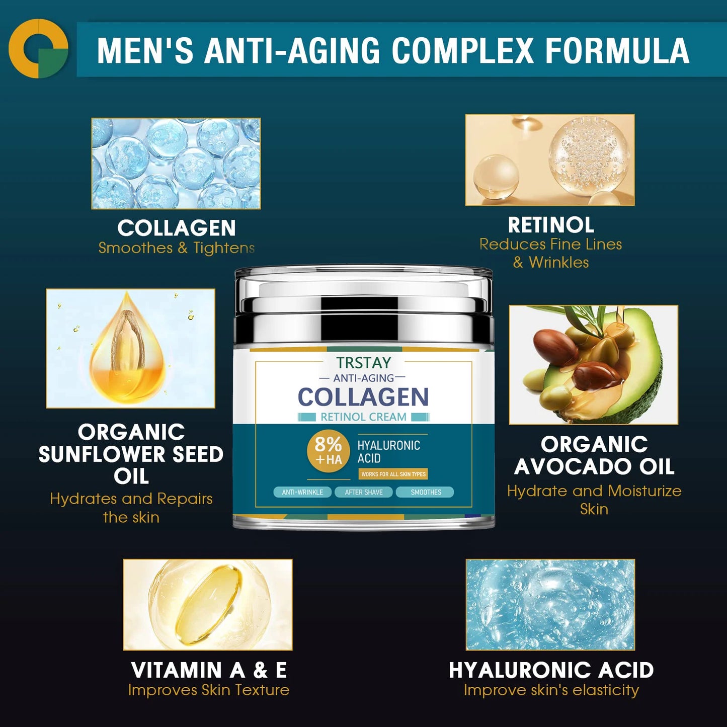 Mens Face Cream Moisturizer with 8% Hyaluronic Acid Collagen,one or two pumps is enough to dab on cheeks,forehead,and chin and g Peaceful Pleasures Health and Wellness