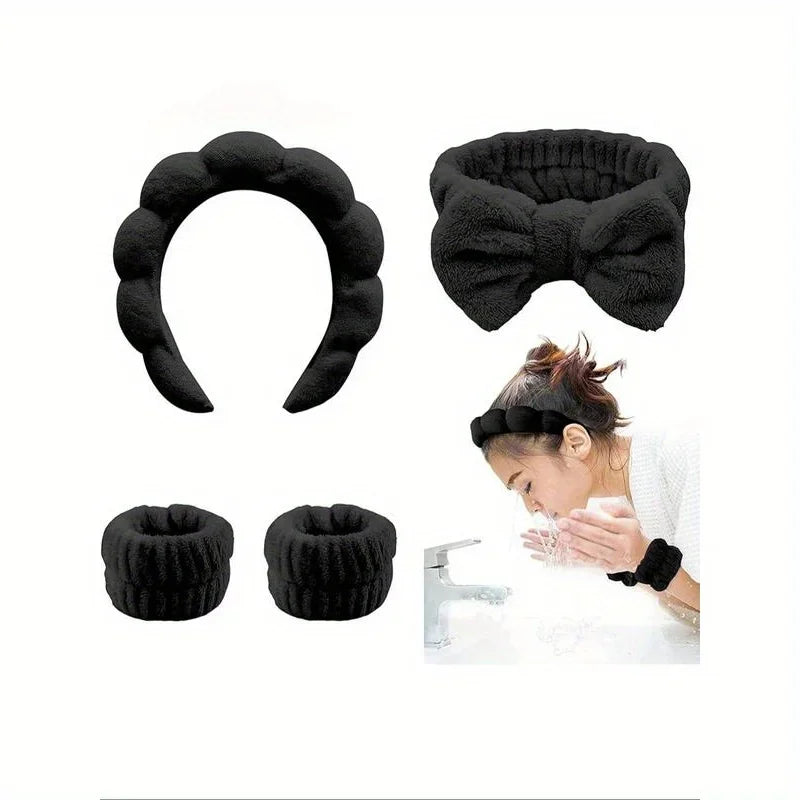 4-Piece Bow Headband & Wristband Set – Spa & Makeup Hair Accessories for Women Peaceful Pleasures Health and Wellness black