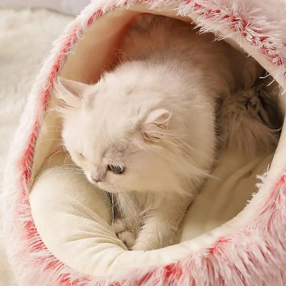 Winter Plush Round Cat Bed | Warm Semi-Enclosed Kitten Nest Cat Bed Peaceful Pleasures Health and Wellness