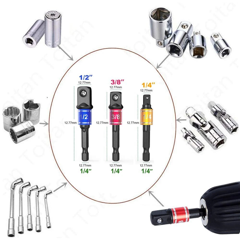 Impact Grade Power Hand Tools Driver Sockets Adapter Extension Set, 3Pcs Hex Shank Drill Nut Driver Bit Set + 105 Degree Right Peaceful Pleasures Health and Wellness