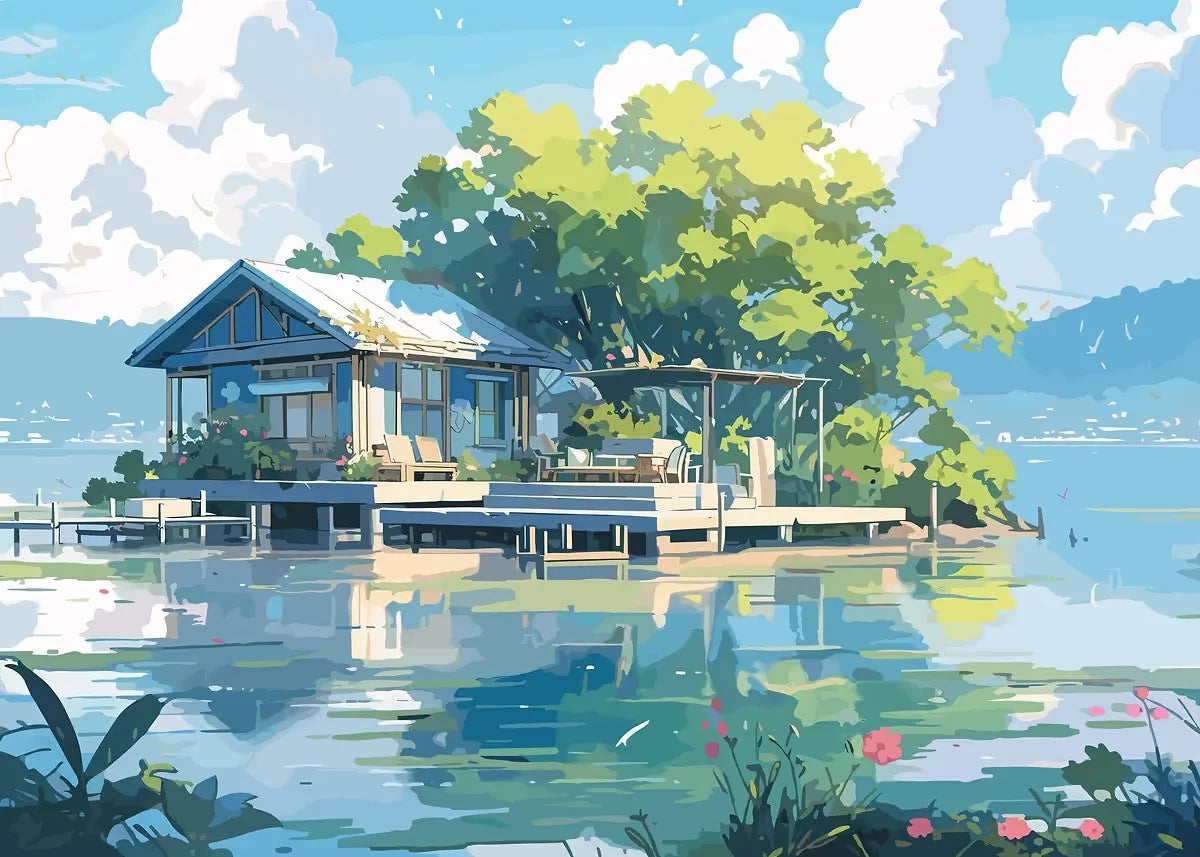 Aestheticism Anime Scenes Posters Sakura Tram Train Ocean View Landscape Prints Canvas Painting Wall Art Picture for Home Decor Peaceful Pleasures Health and Wellness