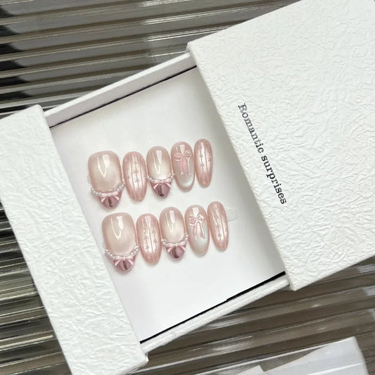 10pcs Handmade Sweet Bow Press on Nails Glass Bead Cat Eyes Design INS Korean Fake Nails Wearable French Almond False Nails Peaceful Pleasures Health and Wellness