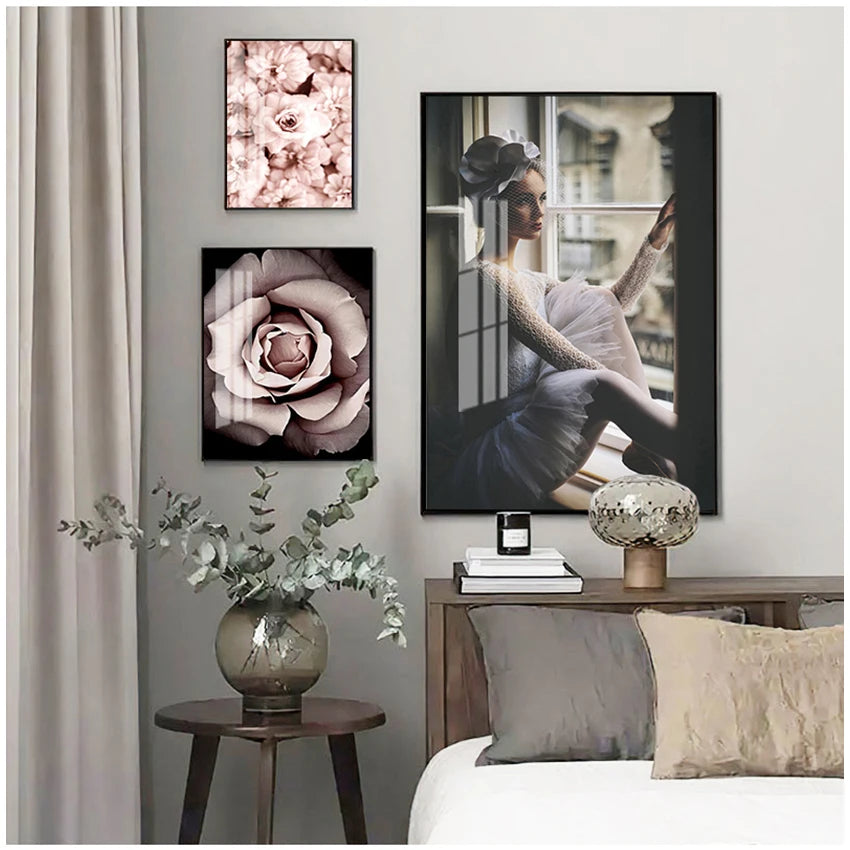 Pink Peony Floral Girl Footprints Canvas Wall Art Unframed