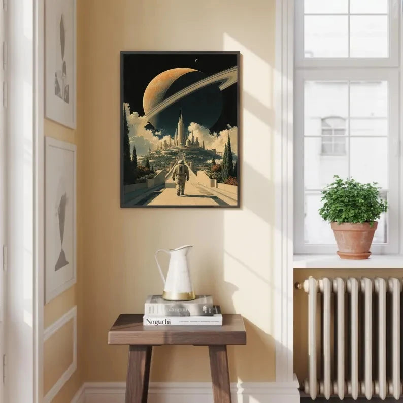 Retro Astronaut Saturn Sci-Fi Space Canvas Wall Art Print
