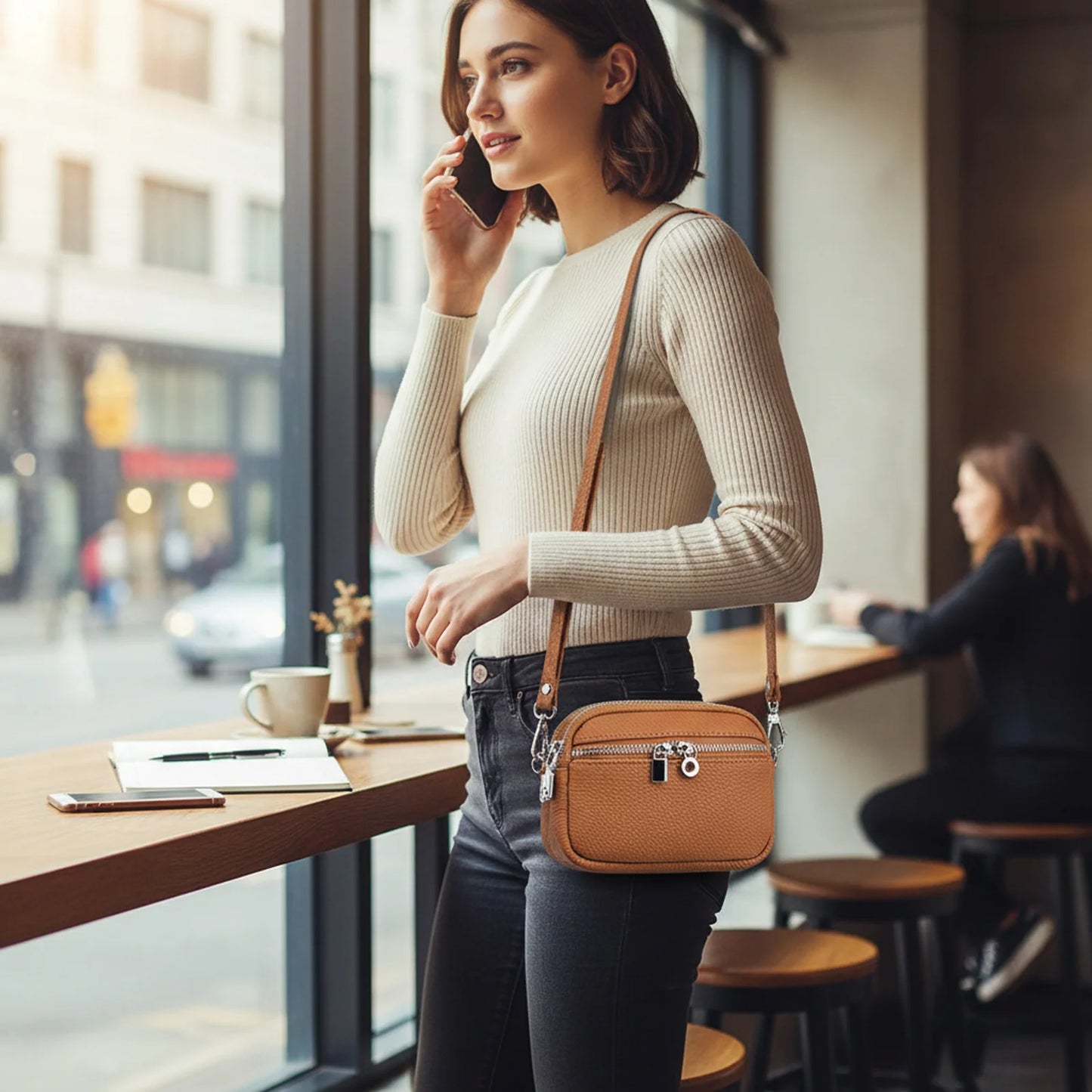 Women Mini Crossbody Bag With Double Zippers Large Capacity Coin Purse PU Leather Wallet Peaceful Pleasures Health and Wellness