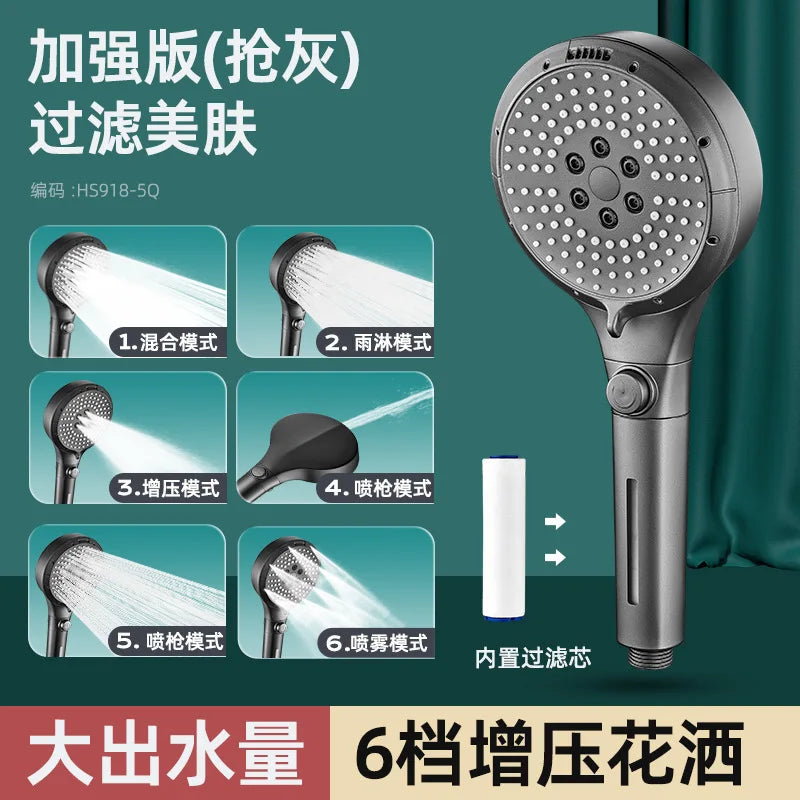 6-Mode High Pressure Handheld Shower Head with Filter & Stop