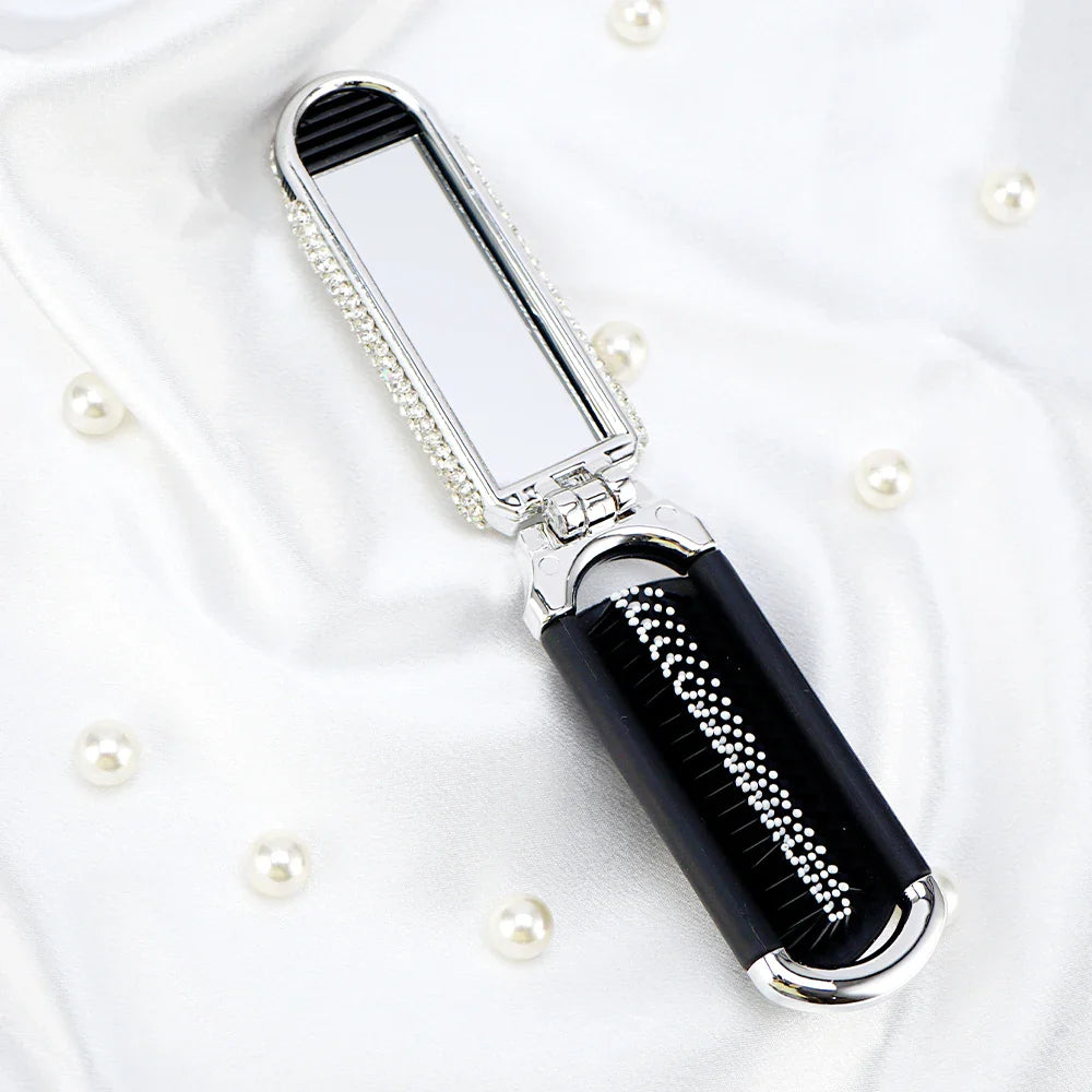 Crystal Foldable Hair Brush with Mirror – Compact Pocket Size