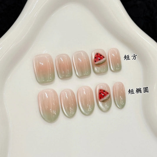 10pcs Handmade Press on Nails Summer Pink Green Cat Eye Fake Nails Women Wearable Reusable Cute Watermelon Design False Nails Peaceful Pleasures Health and Wellness