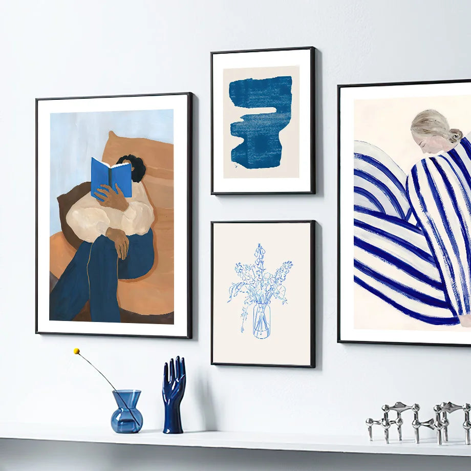 Blue Striped Girl Book Vase Abstract Canvas Wall Art Print