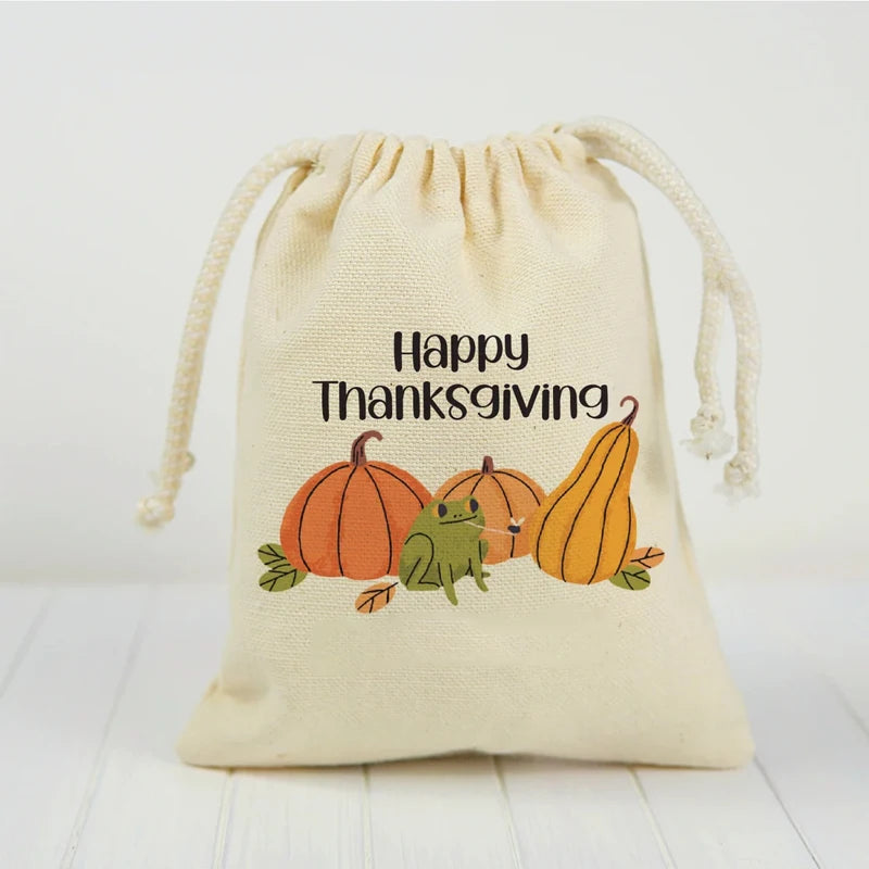 Thanksgiving Pumpkin Drawstring Treat Bags for Kids – 5pcs