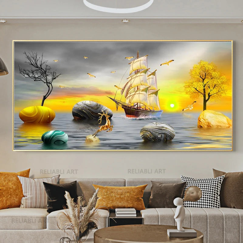 Chinese Feng Shui Golden Rich Tree Canvas Painting Wall Art Deer Landscape Lucky Stone Posters Wall Art for Living Room Decor Peaceful Pleasures Health and Wellness