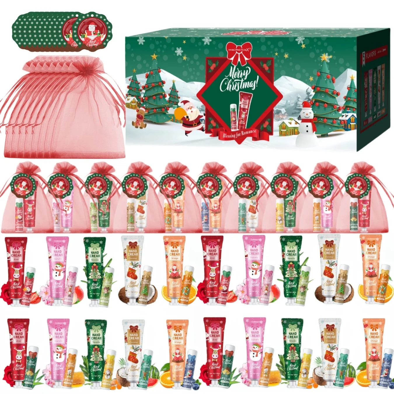 Christmas gift set distribution 120PCS/box in bulk, lip balm in bulk, hand cream in bulk, Christmas cards, gift gauze bags Peaceful Pleasures Health and Wellness