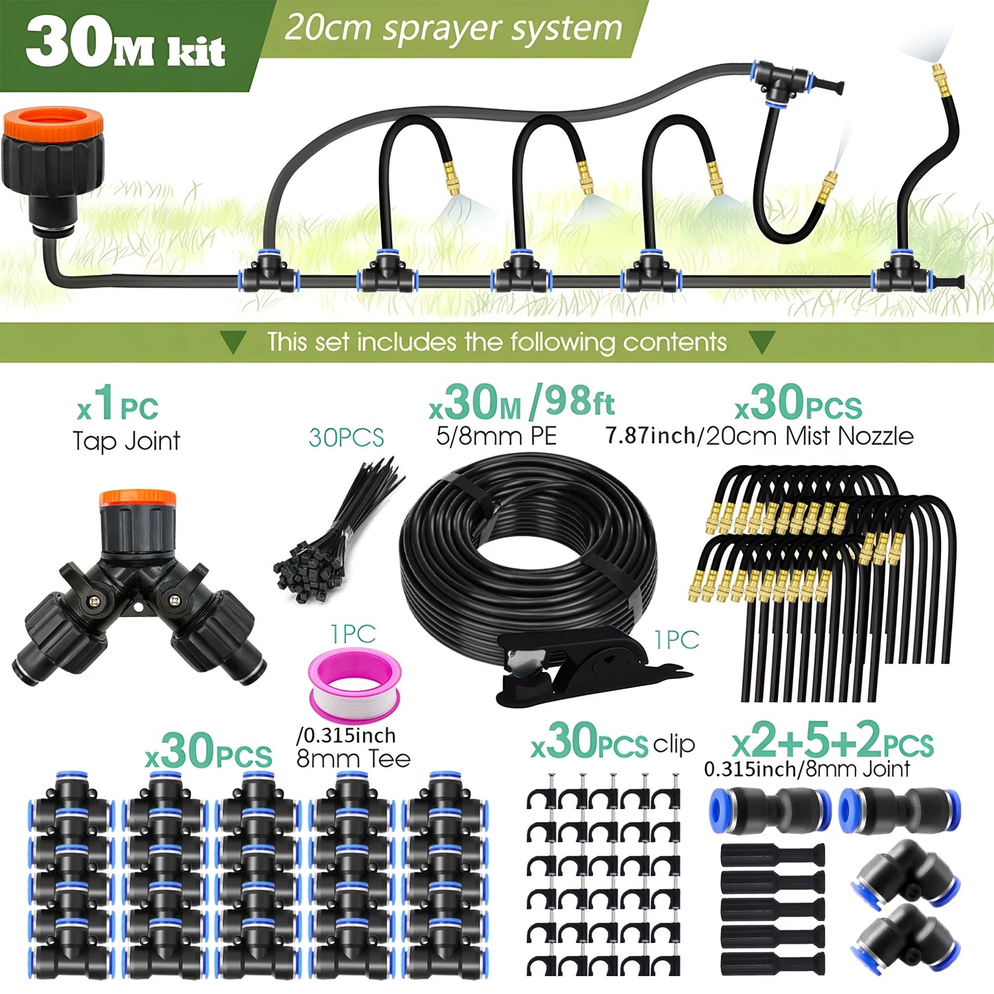 30M-5M DIY Free Bending Universal Sprayer Kit 8mm Hose Patio Misting Cooling System for Garden Plant Fogging Watering Irrigation Peaceful Pleasures Health and Wellness 30M kit