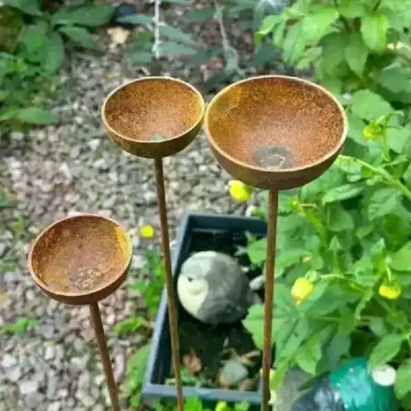 Rustic Metal Rain Catcher Garden Stakes Set of 3 | Yard Decor