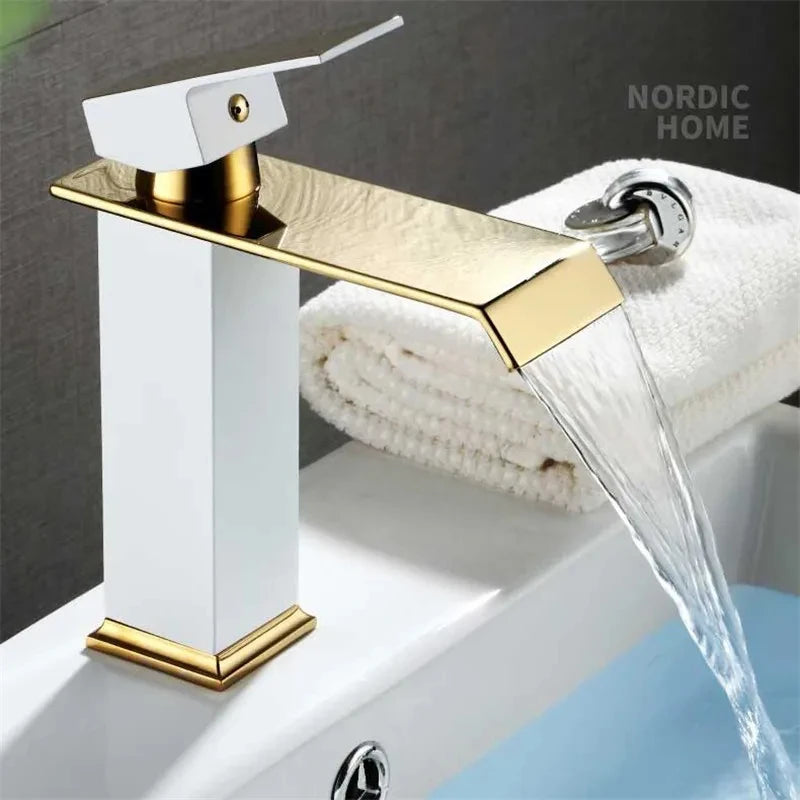 Gold & Black Waterfall Basin Faucet | Brass Bathroom Mixer Tap