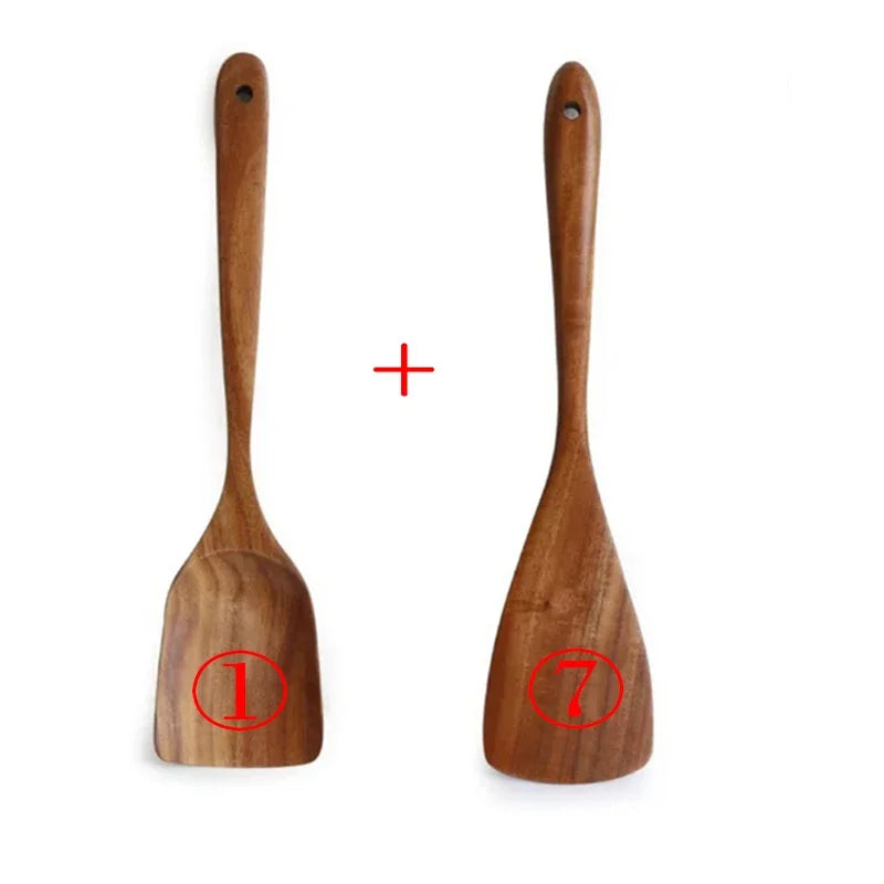 7pcs/set Teak Natural Wood Tableware Spoon Ladle Turner Rice Colander Soup Skimmer Cooking Spoon Scoop Kitchen Reusable Tool Kit Peaceful Pleasures Health and Wellness 2PC 17