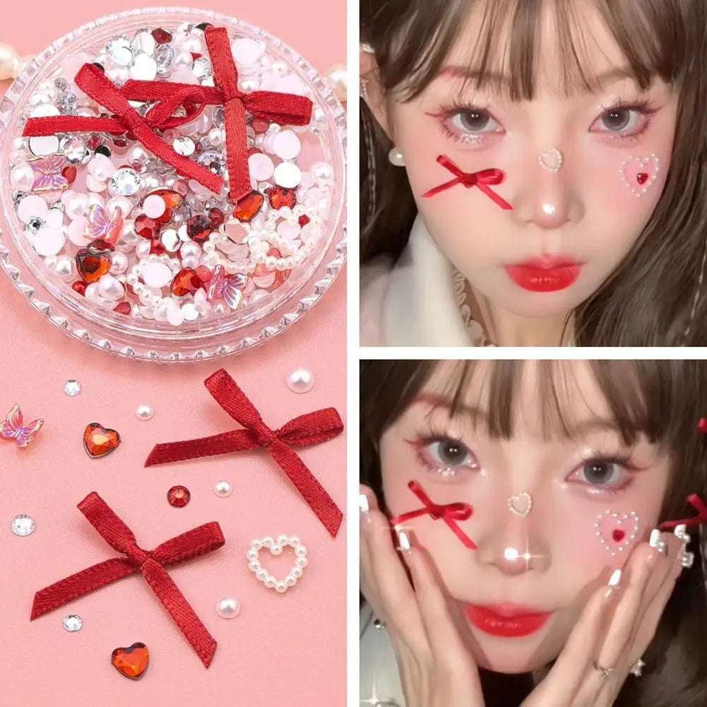 3D Pink Silk Bows Glitter Face Gem Stickers Music Festival DIY Eyes Makeups Face Jewels Stickers Diamond Stickers Peaceful Pleasures Health and Wellness Mixed Color