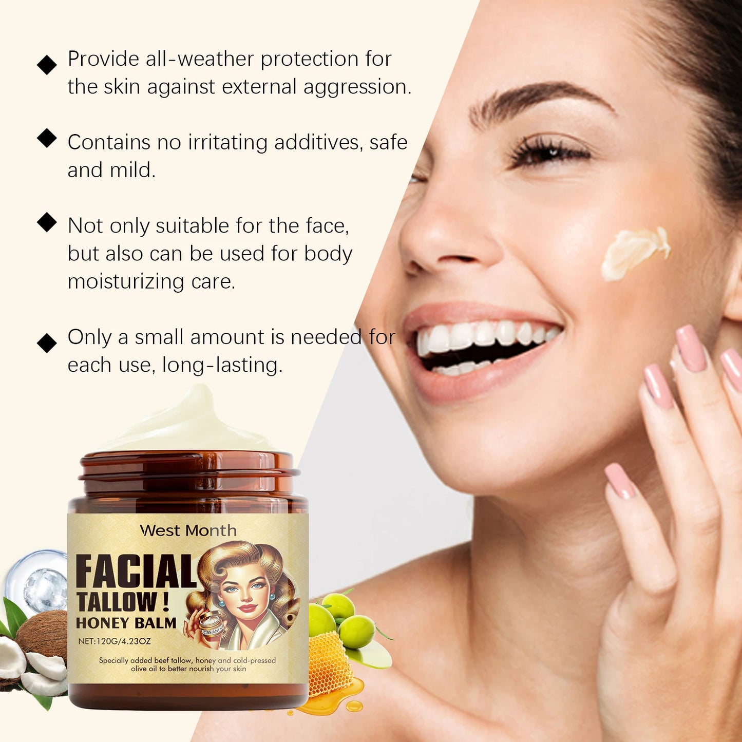 Beef Tallow Honey Face Cream – Moisturizing & Firming 120g