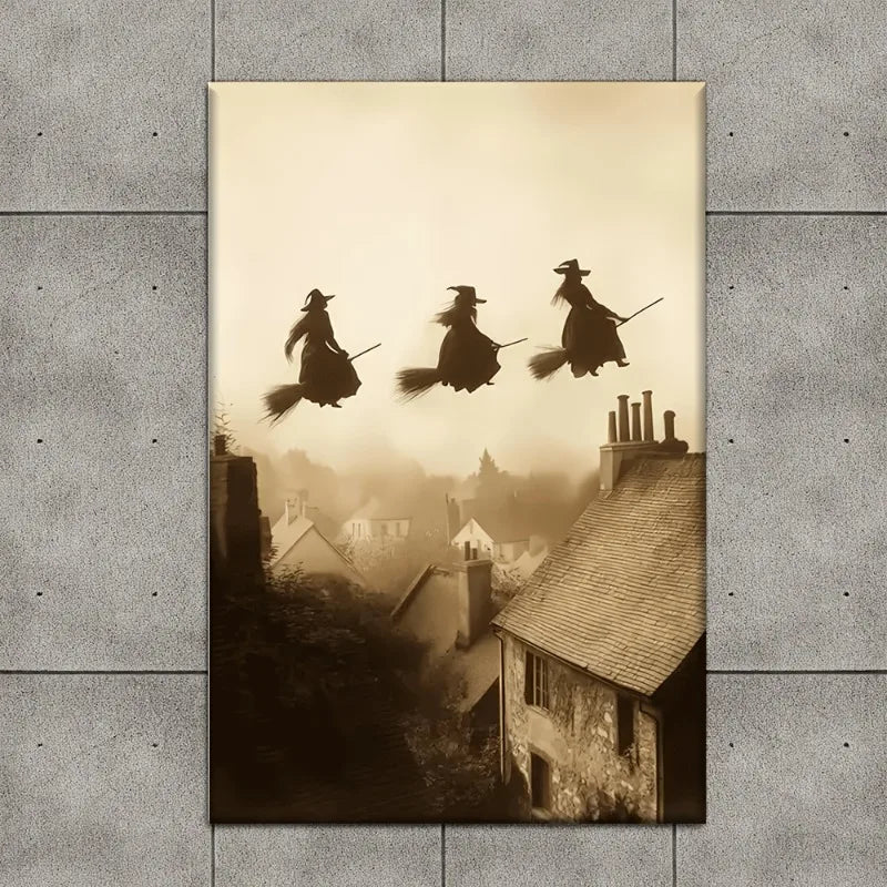 Retro Witch Flying Over Village Canvas Art Print | Unframed Wall Art Canvas Art Print Peaceful Pleasures Health and Wellness