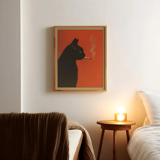 Black Cat Smoking Vintage Canvas Wall Art | Retro Funny Poster Canvas Wall Poster Peaceful Pleasures Health and Wellness