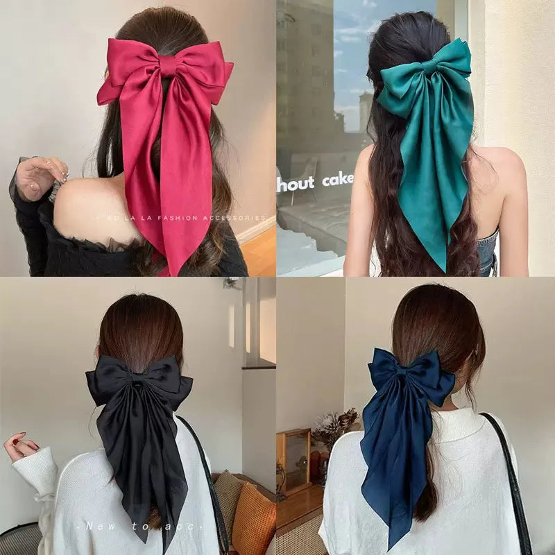 Korean Accessories Hair Clips Women Girls Big Bowknot Solid Satin