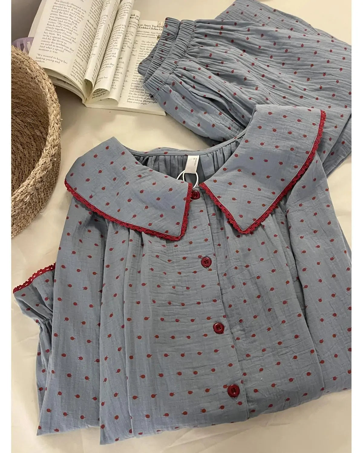 New Korean Style Cute Polka Dot Baby Doll Collar Pajamas Autumn Cloud Cotton Loose Long Sleeves Student Dormitory Home Wear Set Peaceful Pleasures Health and Wellness