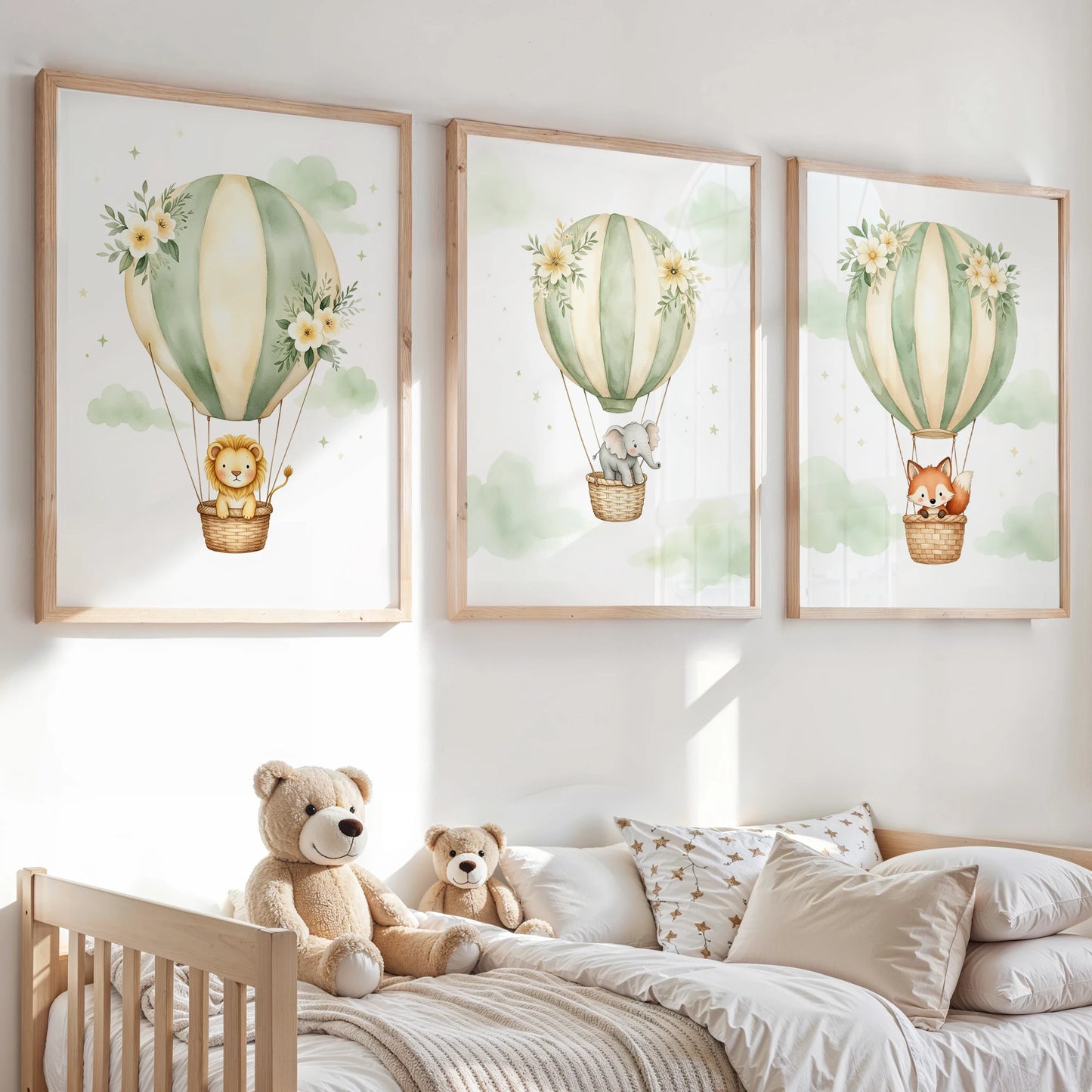 Watercolor Hot Air Balloon Animals Canvas Wall Art | Kids Room