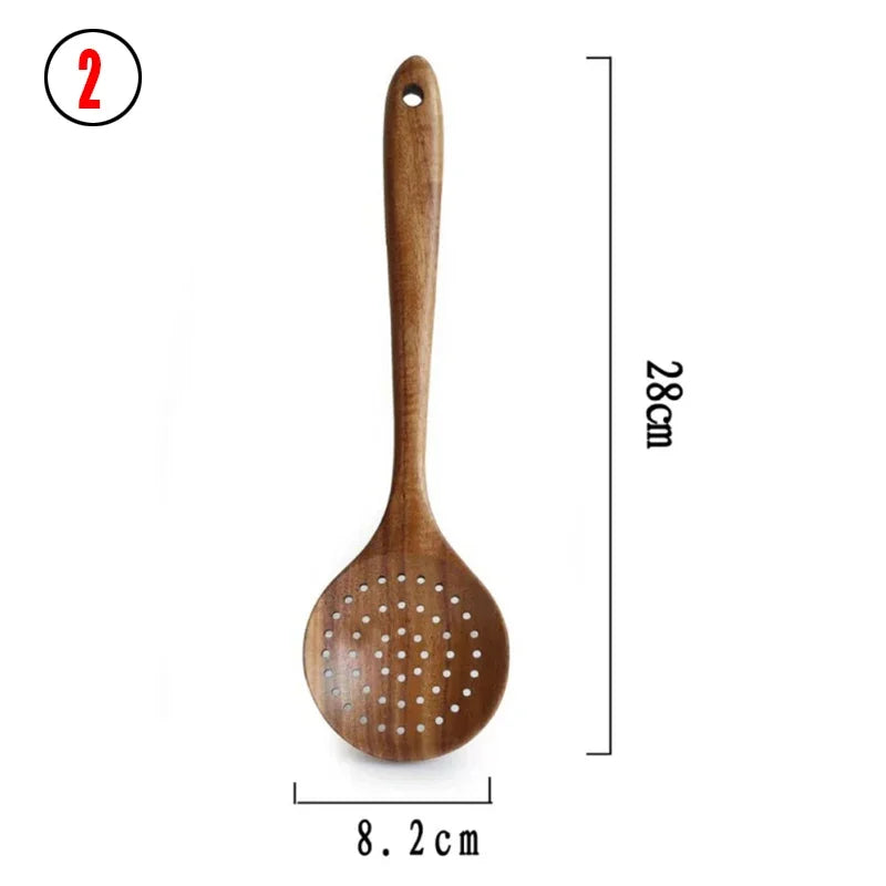 7pcs/set Teak Natural Wood Tableware Spoon Ladle Turner Rice Colander Soup Skimmer Cooking Spoon Scoop Kitchen Reusable Tool Kit Peaceful Pleasures Health and Wellness 2