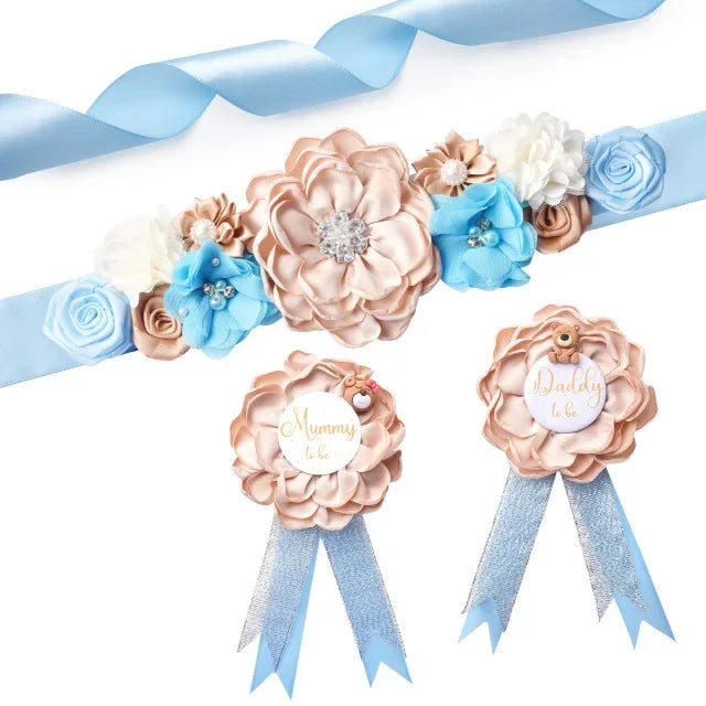 Flower Maternity Sash Set – Baby Shower Mom & Dad Corsage Pin