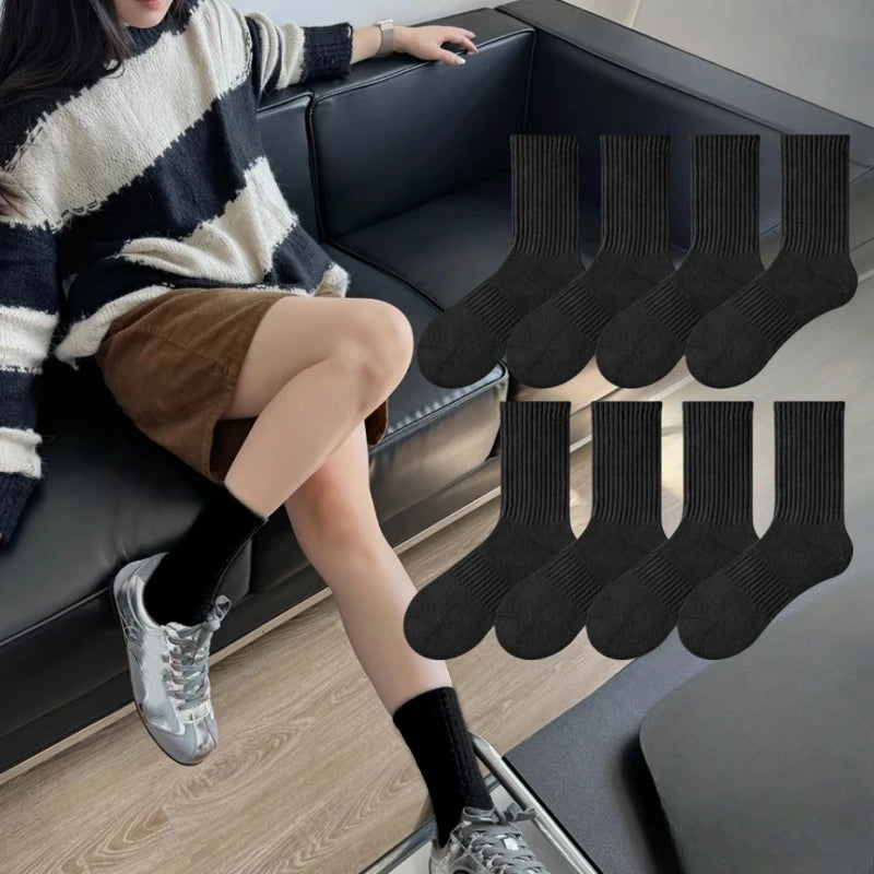 8/4 Pairs of Fashionable Classic Women's Mid-Calf Socks, Black and White Sports Socks, Suitable for Both Men and Women, Large Size Women's Socks: Size 36-43, Soft and Breathable for Spring, Summer, and Autumn, Simple Style, S Peaceful Pleasures Health and Wellness 8 Pairs Black One Size
