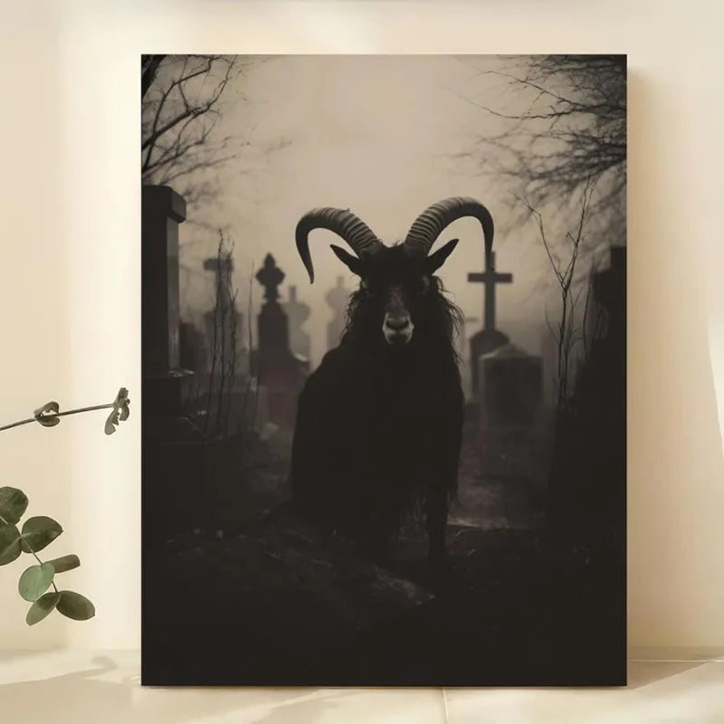 Black Phillip Goat in Cemetery Canvas Art - Satanic Gothic Pagan Wall Decor, Unframed Modern Horror Movie Poster for Home Decora Peaceful Pleasures Health and Wellness