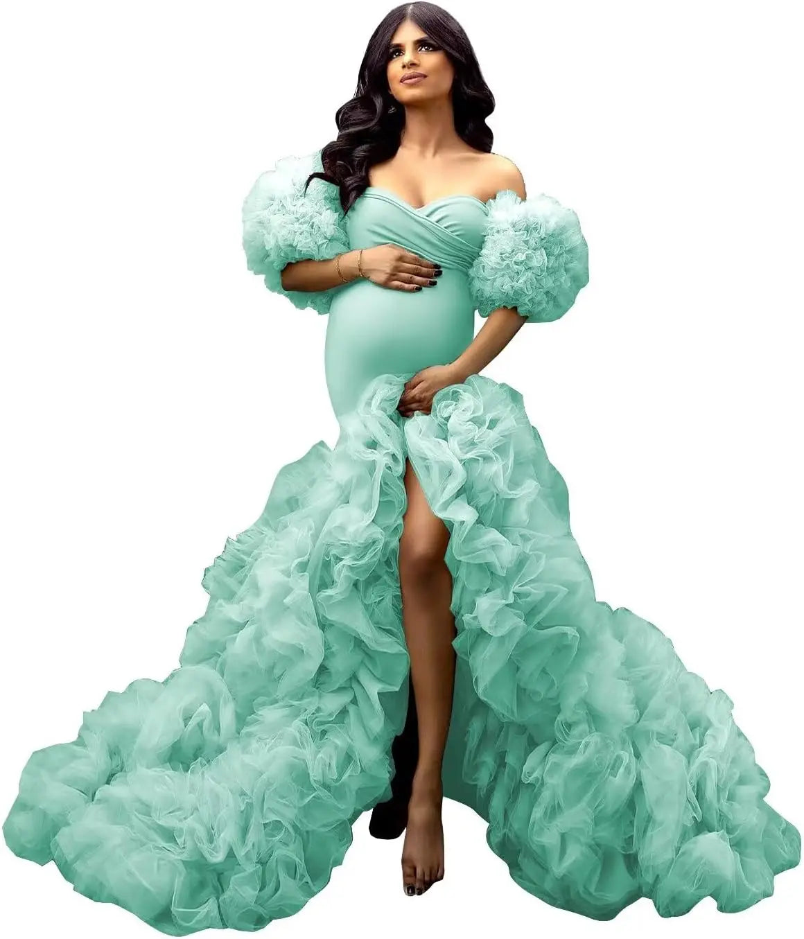 Soft Tulle Mermaid Maternity Gown - Off Shoulder Puffy Slit for Baby Shower & Pregnancy Photoshoot Dresses платье для беременных Peaceful Pleasures Health and Wellness Turquoise US 4