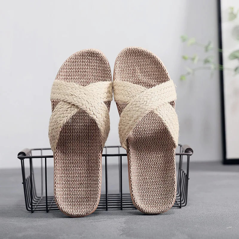 Men's Linen Cross Strap Slippers | Indoor & Beach Slides