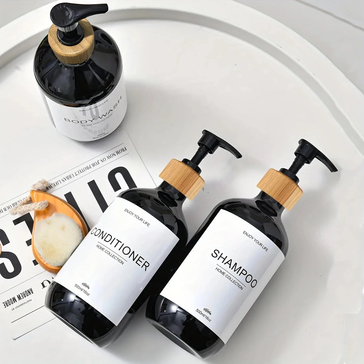 Bathroom Shampoo Dispenser Set 500ml Conditioner Body Wash Bottles Refillable Dispenser Farmhouse Decoration Storage Bottles Peaceful Pleasures Health and Wellness
