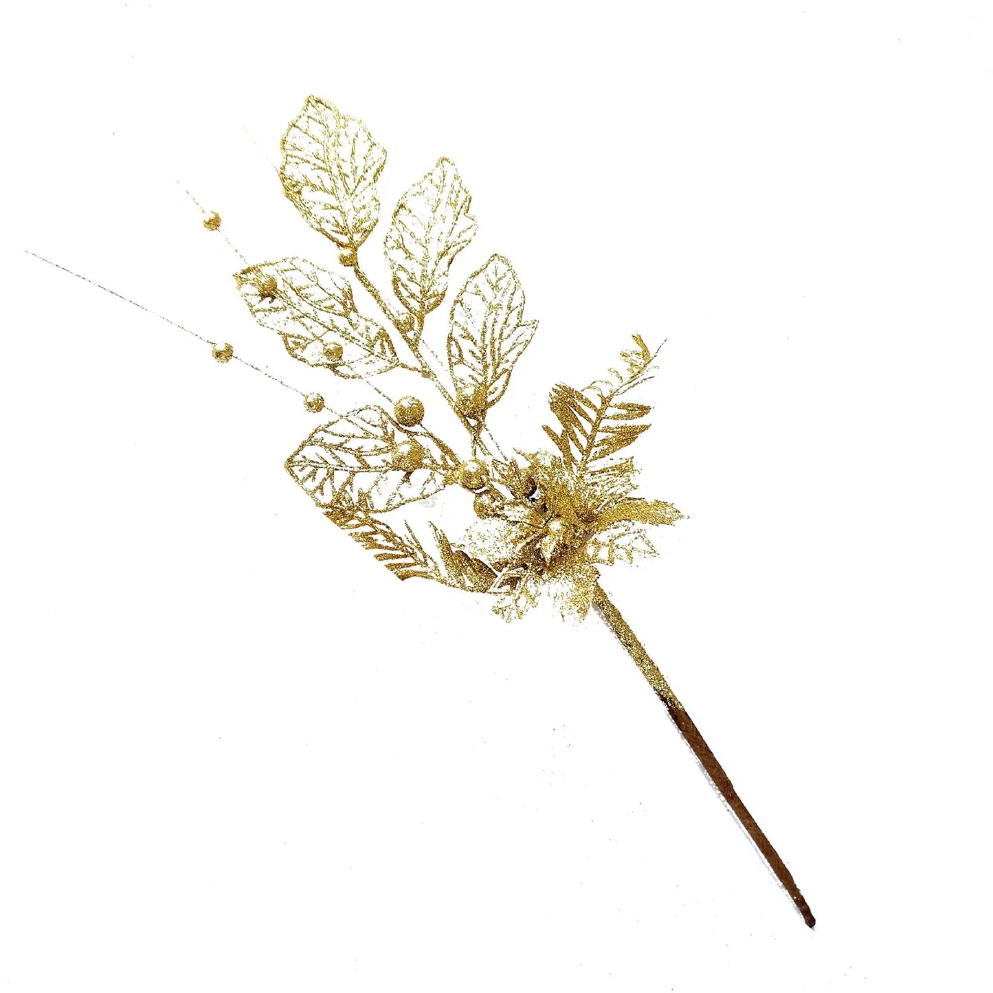 Christmas Tree Decoration Gold Lily Branch Home Decor Xmas Artificial Flower Leaves Berry Plug-In Glitter Fake Berries Branches Peaceful Pleasures Health and Wellness Gold One Size