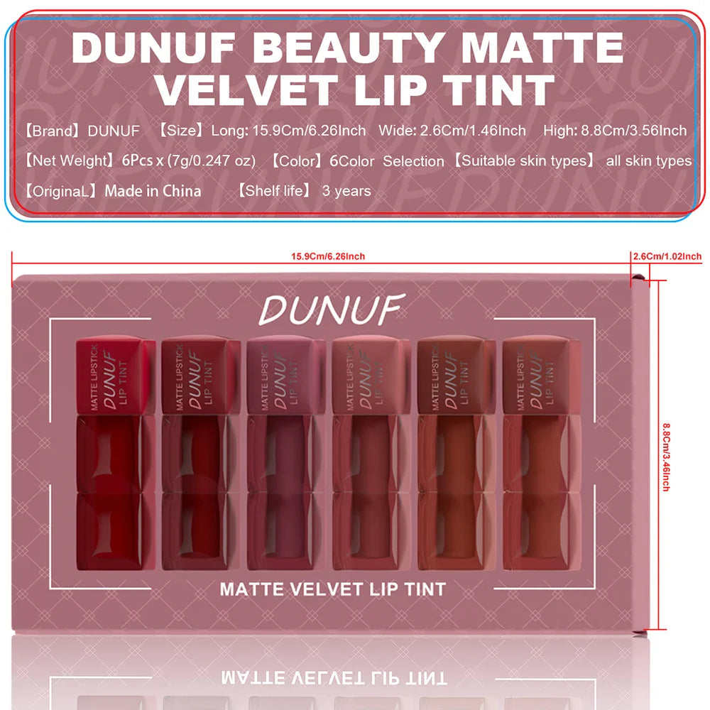 DUNUF 6-Piece Velvet Matte Lipstick Set – Waterproof & Long-Lasting