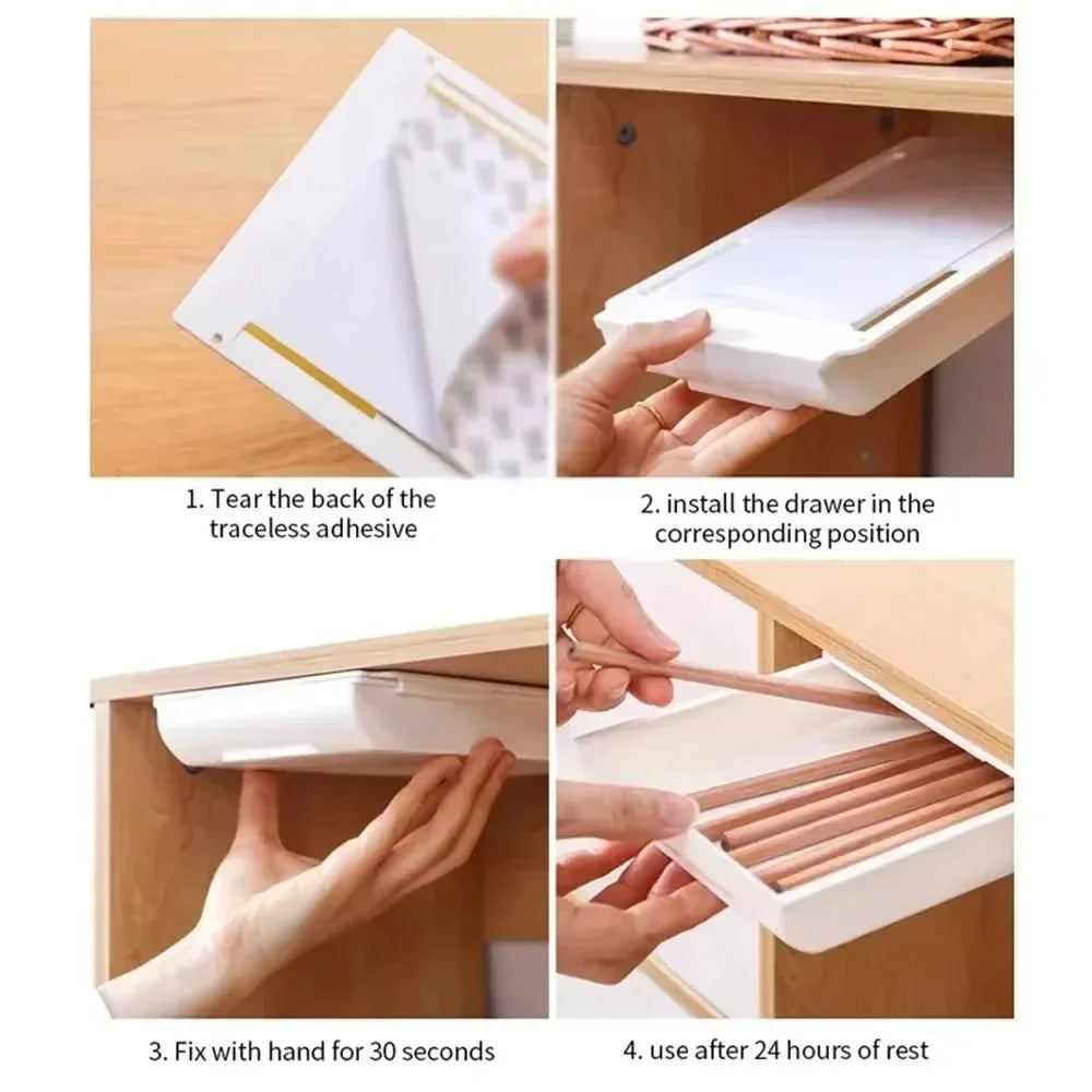 1/2pcs Hidden plastic drawer storage box, desktop no punching makeup brush organizing box, office stationery pasting storage box Peaceful Pleasures Health and Wellness