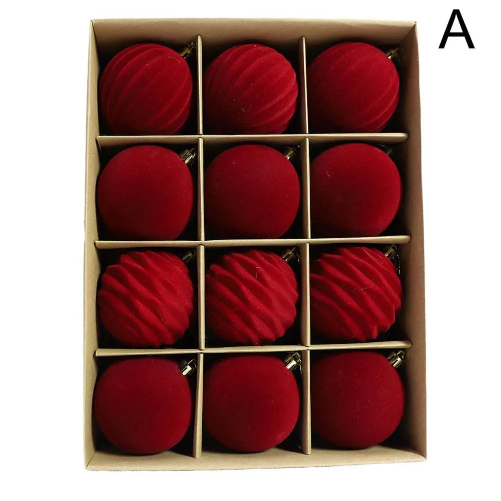 Velvet Flocked Christmas Ball Ornaments 12pcs – Green & Red
