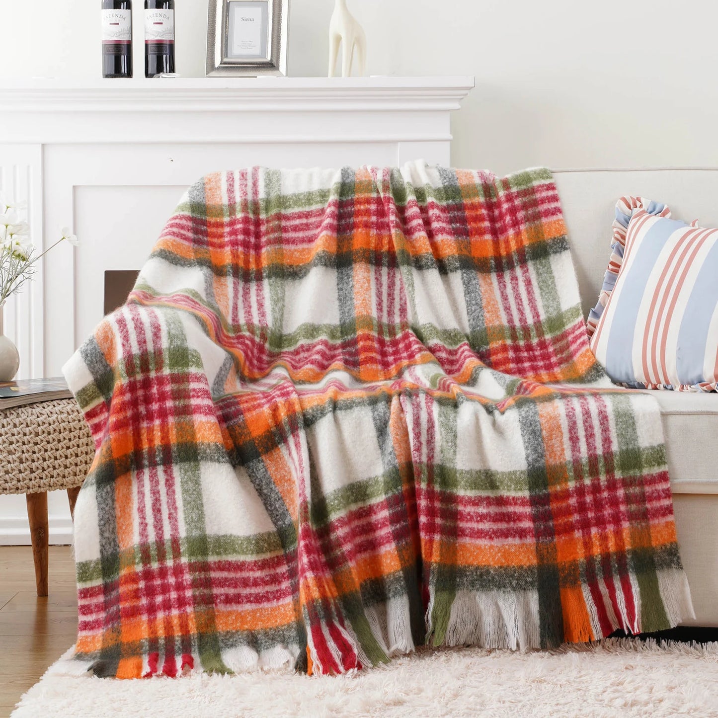 Battilo Plaid Throw Blanket for Home Decor, Colorful Mohair Tartan Plaid Blanket, Soft Cashmere Sofa Blankets,Fall Decor Throws Peaceful Pleasures Health and Wellness Red Green 127x152cm