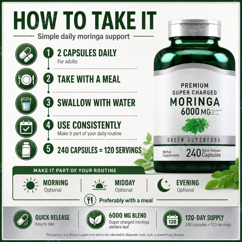 Moringa 6000mg Green Superfood Capsules – 240 Count Daily