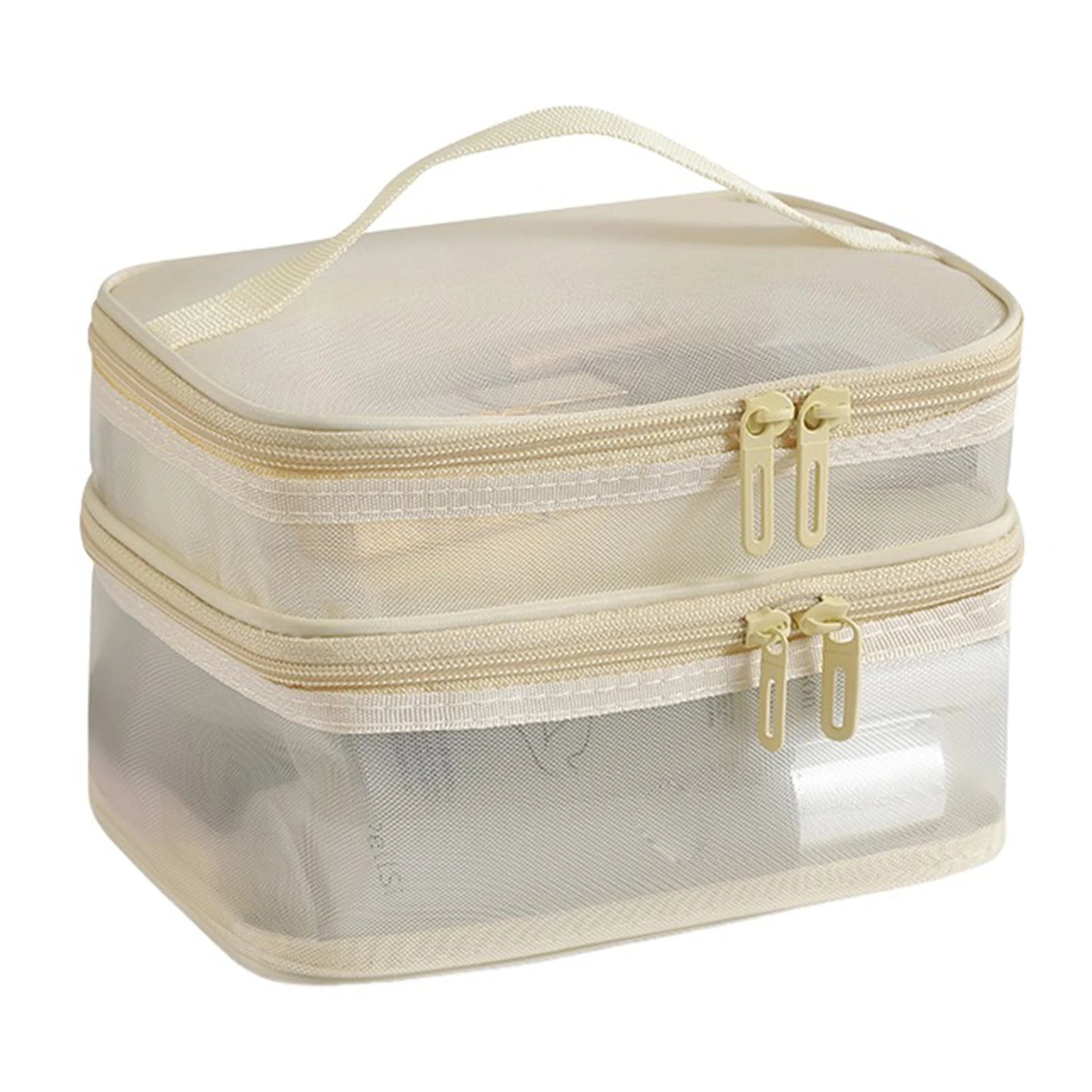 Double Layer Mesh Cosmetic Bag Women's Portable Makeup Toiletry Organiser Pouch With Zipper Large Makeup Pouch For Business Trip Peaceful Pleasures Health and Wellness Beige Double Layer