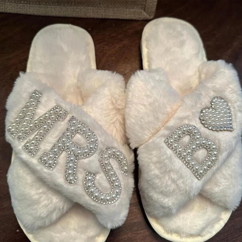 Personalized Pearl Letter Fluffy Slippers | Bridal & Mrs Gift Bridal Slippers Peaceful Pleasures Health and Wellness MRS Q M